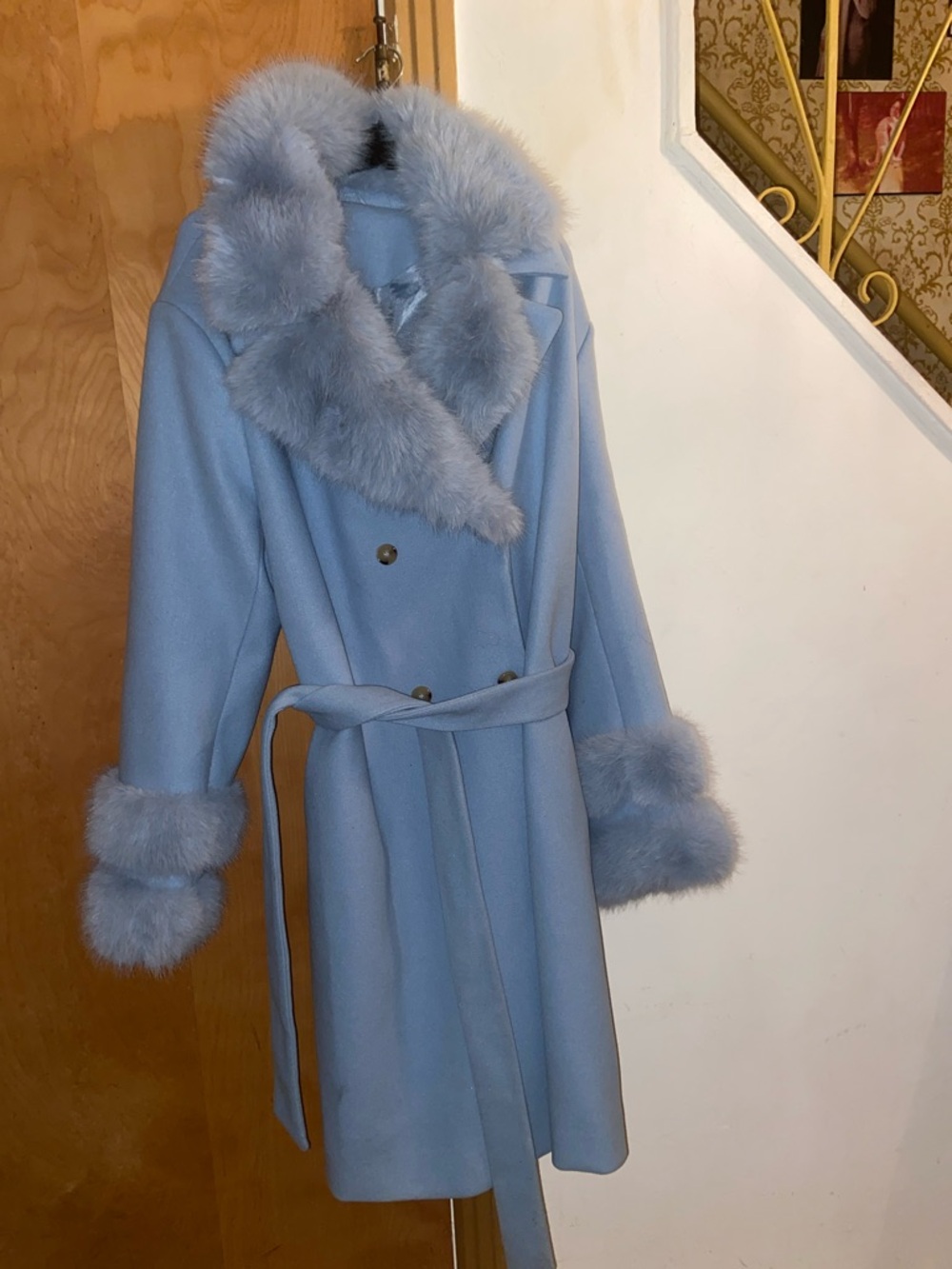 Light Blue Faux Fur Trim Belted Coat